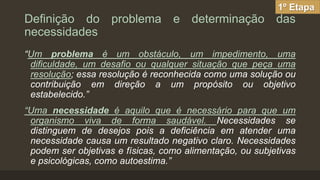 1º Etapa

Definição do problema e determinação das
necessidades
“Um problema é um obstáculo, um impedimento, uma
dificuldade, um desafio ou qualquer situação que peça uma
resolução; essa resolução é reconhecida como uma solução ou
contribuição em direção a um propósito ou objetivo
estabelecido.”
“Uma necessidade é aquilo que é necessário para que um
organismo viva de forma saudável. Necessidades se
distinguem de desejos pois a deficiência em atender uma
necessidade causa um resultado negativo claro. Necessidades
podem ser objetivas e físicas, como alimentação, ou subjetivas
e psicológicas, como autoestima.”

 