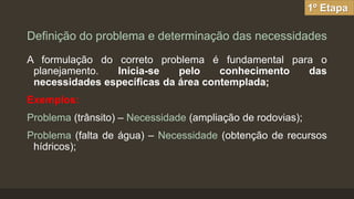 1º Etapa

Definição do problema e determinação das necessidades
A formulação do correto problema é fundamental para o
planejamento.
Inicia-se
pelo
conhecimento
das
necessidades específicas da área contemplada;
Exemplos:

Problema (trânsito) – Necessidade (ampliação de rodovias);
Problema (falta de água) – Necessidade (obtenção de recursos
hídricos);

 
