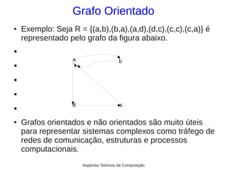 Grafo Orientado
●   Exemplo: Seja R = {(a,b),(b,a),(a,d),(d,c),(c,c),(c,a)} é
    representado pelo grafo da figura abaixo.
●

                   a                     b
●


●


●

                   d                     c
●


●   Grafos orientados e não orientados são muito úteis
    para representar sistemas complexos como tráfego de
    redes de comunicação, estruturas e processos
    computacionais.
                       Aspectos Teóricos da Computação
 