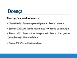 Doença
Concepções predominantes
 Idade Média: Fase mágico-religiosa X Teoria humoral
 Séculos XVI-XIX: Teoria miasmática - Teoria do contágio
 Século XIX: Fase microbiológica - Teoria dos germes
(microbiana) - Unicausalidade
 Século XX: Causalidade múltipla
 