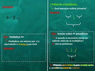 Exemplos:
𝟑.(−𝟐)=¿
DICA: Multiplicar por
Exemplos:
Multiplicar um número por é o
equivalente a inverter o seu sinal
) Ordem de precedência:
Qual operação realizar primeiro?
Exemplo:
DICA: Inverter ordem de precedência
E quando é necessário somar ou
subtrair antes de se multiplicar?
R: Usa-se parênteses
𝟏𝟔
R: Primeiro se multiplica, para depois, então,
somar ou subtrair
Primeiro parênteses, depois multiplicação
e, por último, somar ou subtrair
 