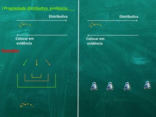 ) Propriedade distributiva evidência:
Exemplos:
Distributiva
Colocar em
evidência
Distributiva
Colocar em
evidência
 