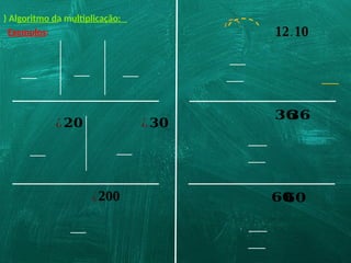 ) Algoritmo da multiplicação:
Exemplos:
¿𝟐𝟎 ¿𝟑𝟎
¿𝟐𝟎𝟎
𝟏𝟐.𝟏𝟎
𝟑𝟔
𝟑𝟔
𝟔𝟎
𝟔𝟎
 