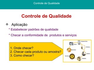 Controle de Qualidade  Controle de Qualidade  Aplicação * Estabelecer padrões de qualidade * Checar a conformidade de  produtos e serviços   1. Onde checar? 2. Checar cada produto ou amostra? 3. Como checar? 