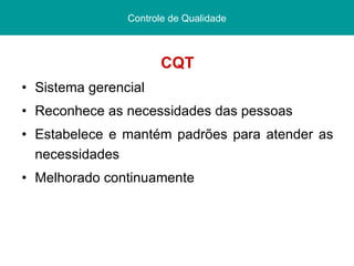 CQT Sistema gerencial Reconhece as necessidades das pessoas Estabelece e mantém padrões para atender as necessidades Melhorado continuamente Pós graduação  Lato sensu Curso de Especialização Centro Federal de Educação Tecnológica/ CEFET - PI Controle de Qualidade 