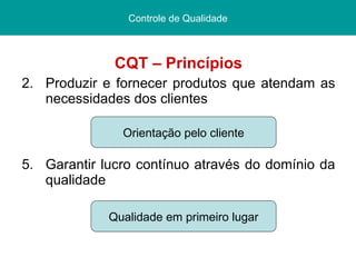 CQT – Princípios Produzir e fornecer produtos que atendam as necessidades dos clientes Garantir lucro contínuo através do domínio da qualidade Pós graduação  Lato sensu Curso de Especialização Centro Federal de Educação Tecnológica/ CEFET - PI Controle de Qualidade Orientação pelo cliente Qualidade em primeiro lugar 