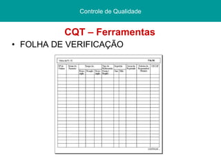 CQT – Ferramentas FOLHA DE VERIFICAÇÃO Controle de Qualidade 