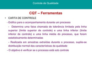 CQT – Ferramentas CARTA DE CONTROLE -  Gráfico para o acompanhamento durante um processo -  Determina uma faixa chamada de tolerância limitada pela linha superior (limite superior de controle) e uma linha inferior (limite inferior de controle) e uma linha média do processo, que foram estatisticamente determinadas - Realizada em amostras extraídas durante o processo, supõe-se distribuição normal das características da qualidade - O objetivo é verificar se o processo está sob controle Controle de Qualidade  