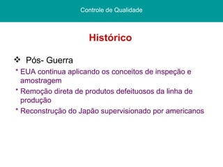 Histórico  Controle de Qualidade Pós- Guerra  * EUA continua aplicando os conceitos de inspeção e amostragem * Remoção direta de produtos defeituosos da linha de produção * Reconstrução do Japão supervisionado por americanos 