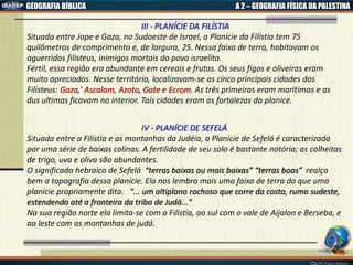GEOGRAFIA BÍBLICA A 2 – GEOGRAFIA FÍSICA DA PALESTINA
III - PLANÍCIE DA FILÍSTIA
Situada entre Jope e Gaza, no Sudoeste de Israel, a Planície da Filístia tem 75
quilômetros de comprimento e, de largura, 25. Nessa faixa de terra, habitavam os
aguerridos filisteus, inimigos mortais do povo israelita.
Fértil, essa região era abundante em cereais e frutas. Os seus figos e oliveiras eram
muito apreciados. Nesse território, localizavam-se as cinco principais cidades dos
Filisteus: Gaza,' Ascalom, Azoto, Gate e Ecrom. As três primeiras eram marítimas e as
dus ultimas ficavam no interior. Tais cidades eram as fortalezas da planice.
IV - PLANÍCIE DE SEFELÁ
Situada entre a Filístia e as montanhas da Judéia, a Planície de Sefelá é caracterizada
por uma série de baixas colinas. A fertilidade de seu solo é bastante notória; as colheitas
de trigo, uva e oliva são abundantes.
O significado hebraico de Sefelá “terras baixas ou mais baixas” “terras boas” realça
bem a topografia dessa planície. Ela nos lembra mais uma faixa de terra do que uma
planície propriamente dita. "... um altiplano rochoso que corre da costa, rumo sudeste,
estendendo até a fronteira da tribo de Judá..."
Na sua região norte ela limita-se com a Filistia, ao sul com o vale de Aijalon e Berseba, e
ao leste com as montanhas de judá.
 
