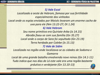 GEOGRAFIA BÍBLICA A 2 – GEOGRAFIA FÍSICA DA PALESTINA
5) Vale Escol
Localizado a oeste de Hebrom, famosa por sua fertilidade
especialmente dos vinhedos
Local onde os espias enviados por Moisés levaram um enorme cacho de
uva para ele (Nm 13.22-27; Dt 1.24)
6) Vale Hebrom
Seu nome primitivo era Quiriate-Arba (Js 14.15)
Abraão fixou-se com sua família (Gn 35.27)
Local onde o corpo de Sara foi sepultado (Gn 23.19)
Terra herdada por Calebe (Js 15.13)
7) Vale de Sidim
Localizada na região onde localizava-se as cidades de Sodoma e
Gomorra
Local de uma grande batalha envolvendo nove reinos (Gn 14.1-11)
Tudo indica que nos dias de Ló este vale era uma região bastante
prdutiva e verdejante (Gn 13.10-13)
 