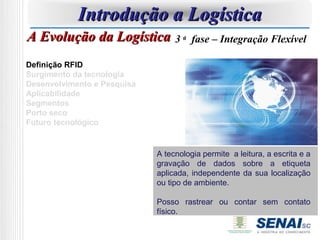 Introdução a Logística
A Evolução da Logística 3 a            fase – Integração Flexível

Definição RFID                        3 a fase – Integração
Surgimento da tecnologia
Desenvolvimento e Pesquisa
                                      Flexível
Aplicabilidade
Segmentos
Porto seco
Futuro tecnológico


                             A tecnologia permite a leitura, a escrita e a
                              É a tecnologia que utiliza a freqüência de
                             gravação de dados sobre a etiqueta
                              rádio para captura de dados. Por isso
                             aplicada, independente da sua localização
                              existem diversos métodos de identificação,
                             ou tipo de ambiente.
                              mas o mais comum é armazenar um
                              número de série que identifique uma
                             Posso rastrear ou contar sem contato
                              pessoa ou um objeto.
                             físico.
 
