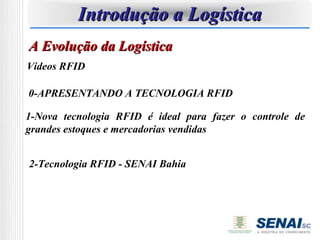 Introdução a Logística
A Evolução da Logística
Vídeos RFID

0-APRESENTANDO A TECNOLOGIA RFID

1-Nova tecnologia RFID é ideal para fazer o controle de
grandes estoques e mercadorias vendidas


2-Tecnologia RFID - SENAI Bahia
 