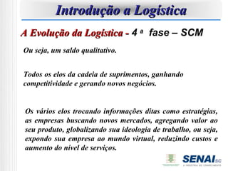 Introdução a Logística
A Evolução da Logística - 4 a fase – SCM
Ou seja, um saldo qualitativo.


Todos os elos da cadeia de suprimentos, ganhando
competitividade e gerando novos negócios.


Os vários elos trocando informações ditas como estratégias,
as empresas buscando novos mercados, agregando valor ao
seu produto, globalizando sua ideologia de trabalho, ou seja,
expondo sua empresa ao mundo virtual, reduzindo custos e
aumento do nível de serviços.
 