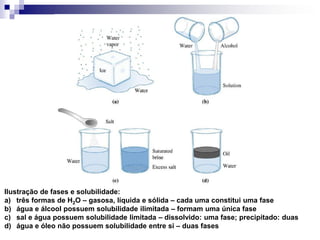 Ilustração de fases e solubilidade:
a) três formas de H2O – gasosa, líquida e sólida – cada uma constitui uma fase
b) água e álcool possuem solubilidade ilimitada – formam uma única fase
c) sal e água possuem solubilidade limitada – dissolvido: uma fase; precipitado: duas
d) água e óleo não possuem solubilidade entre si – duas fases
 