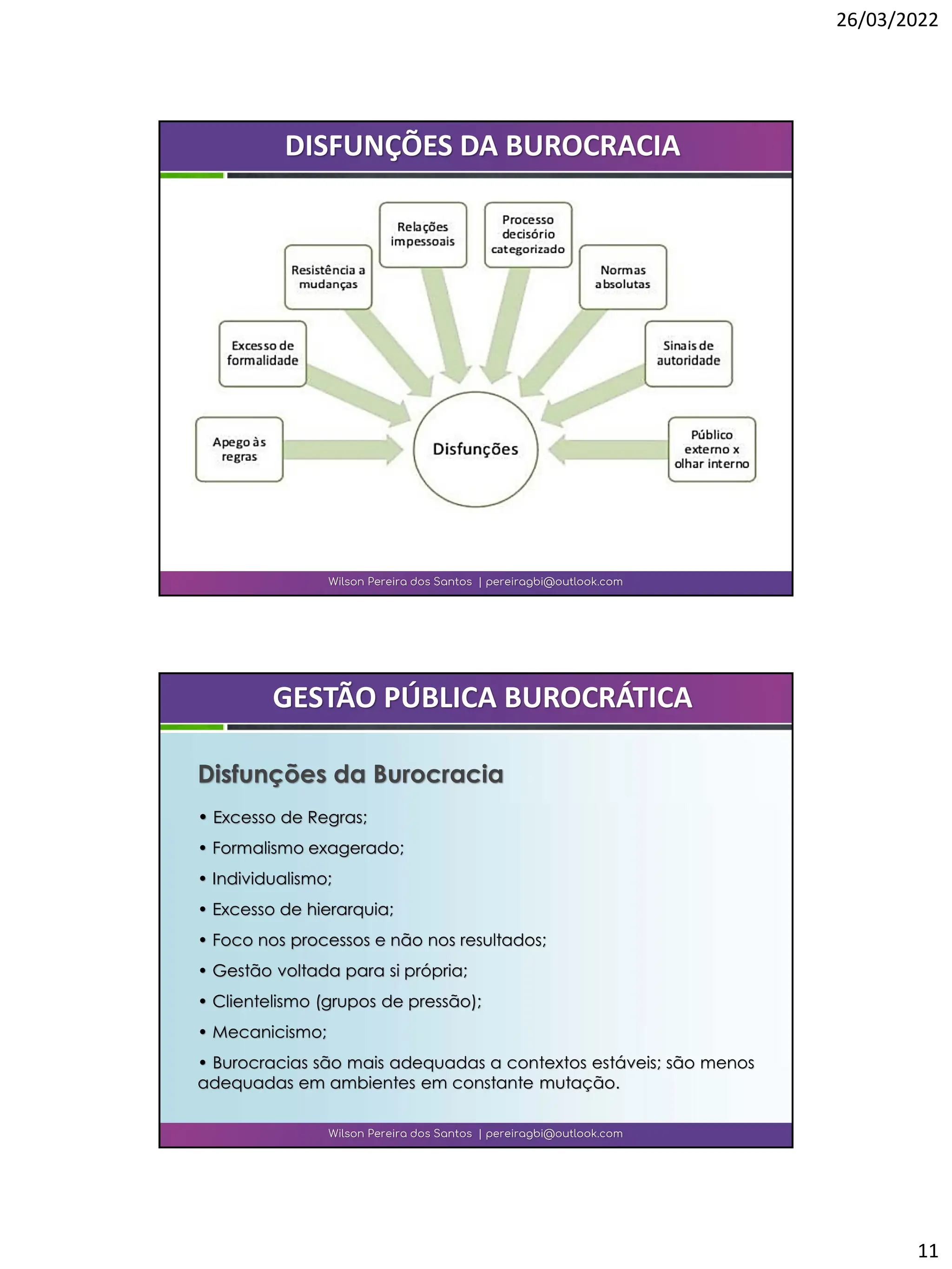 26/03/2022
11
Wilson Pereira dos Santos | pereiragbi@outlook.com
DISFUNÇÕES DA BUROCRACIA
• Excesso de Regras;
• Formalismo exagerado;
• Individualismo;
• Excesso de hierarquia;
• Foco nos processos e não nos resultados;
• Gestão voltada para si própria;
• Clientelismo (grupos de pressão);
• Mecanicismo;
• Burocracias são mais adequadas a contextos estáveis; são menos
adequadas em ambientes em constante mutação.
Wilson Pereira dos Santos | pereiragbi@outlook.com
GESTÃO PÚBLICA BUROCRÁTICA
Disfunções da Burocracia
 
