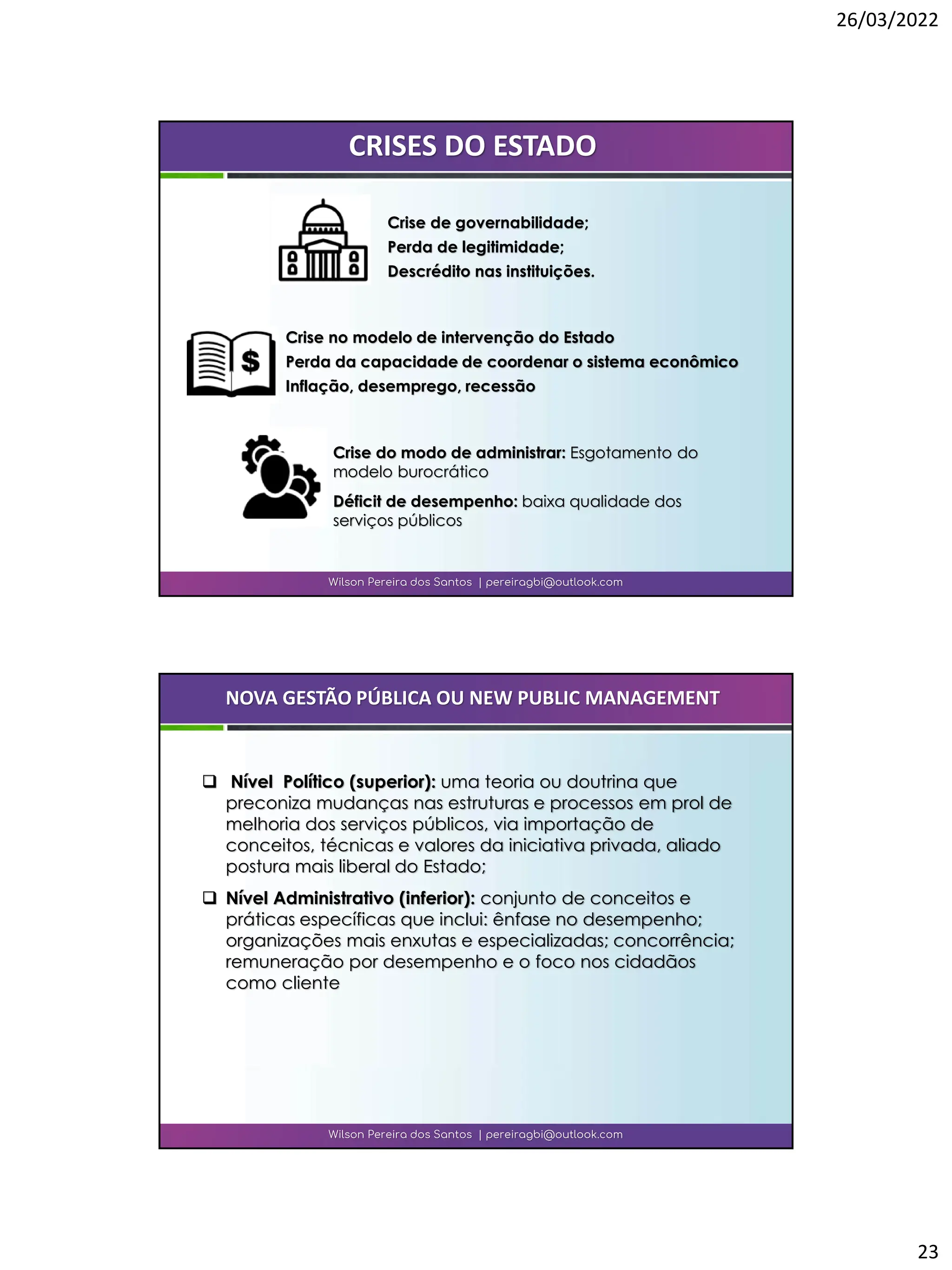 26/03/2022
23
Crise de governabilidade;
Perda de legitimidade;
Descrédito nas instituições.
Wilson Pereira dos Santos | pereiragbi@outlook.com
CRISES DO ESTADO
Crise no modelo de intervenção do Estado
Perda da capacidade de coordenar o sistema econômico
Inflação, desemprego, recessão
Crise do modo de administrar: Esgotamento do
modelo burocrático
Déficit de desempenho: baixa qualidade dos
serviços públicos
Wilson Pereira dos Santos | pereiragbi@outlook.com
NOVA GESTÃO PÚBLICA OU NEW PUBLIC MANAGEMENT
❑ Nível Político (superior): uma teoria ou doutrina que
preconiza mudanças nas estruturas e processos em prol de
melhoria dos serviços públicos, via importação de
conceitos, técnicas e valores da iniciativa privada, aliado
postura mais liberal do Estado;
❑ Nível Administrativo (inferior): conjunto de conceitos e
práticas específicas que inclui: ênfase no desempenho;
organizações mais enxutas e especializadas; concorrência;
remuneração por desempenho e o foco nos cidadãos
como cliente
 