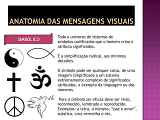 Todo o universo de sistemas de
símbolos codificados que o homem criou e
atribuiu significados.
É a simplificação radical, aos mínimos
detalhes.
O símbolo pode ser qualquer coisa, de uma
imagem simplificada a um sistema
extremamente complexo de significados
atribuídos, a exemplo da linguagem ou dos
números.
Para o símbolo ser eficaz deve ser visto,
reconhecido, lembrado e reproduzido.
Exemplos: a letra, o número, “paz e amor”,
suástica, cruz vermelha e etc.
SIMBÓLICO
 