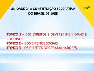 UNIDADE 2: A CONSTITUIÇÃO FEDERATIVA
DO BRASIL DE 1988
TÓPICO 1 – DOS DIREITOS E DEVERES INDIVIDUAIS E
COLETIVOS
TÓPICO 2 – DOS DIREITOS SOCIAIS
TÓPICO 3 – OS DIREITOS DOS TRABALHADORES
.
 