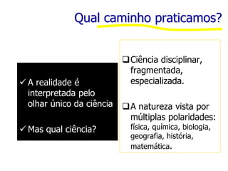 Qual caminho praticamos?
✓ A realidade é
interpretada pelo
olhar único da ciência
✓ Mas qual ciência?
Ciência disciplinar,
fragmentada,
especializada.
A natureza vista por
múltiplas polaridades:
física, química, biologia,
geografia, história,
matemática.
 