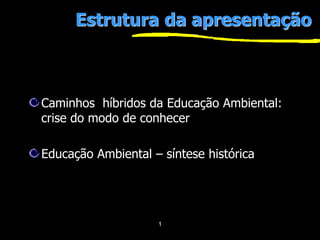 1
Estrutura da apresentação
Caminhos híbridos da Educação Ambiental:
crise do modo de conhecer
Educação Ambiental – síntese histórica
LCB-DG-USP
 