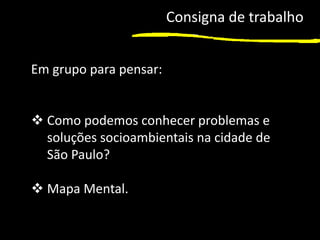 Consigna de trabalho
Em grupo para pensar:
❖ Como podemos conhecer problemas e
soluções socioambientais na cidade de
São Paulo?
❖ Mapa Mental.
 