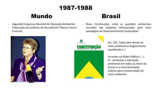 1987-1988
Mundo Brasil
- Segundo Congresso Mundial de Educação Ambiental
- Publicação do relatório de Brundtland (“Nosso Futuro
Comum)
- Nova Constituição, onde as questões ambientais
incluídas são bastante influenciadas pela novo
paradigma do Desenvolvimento Sustentável
Art. 225. Todos têm direito ao
meio ambiente ecologicamente
equilibrado (..)
Incumbe ao Poder Público (...):
VI - promover a educação
ambiental em todos os níveis de
ensino e a conscientização
pública para a preservação do
meio ambiente;
 