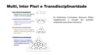 Multi, Inter Pluri e Transdisciplinaridade
Os Parâmetros Curriculares Nacionais (PCNs)
estabeleceram a inclusão das questões
ambientais como tema transversal
 