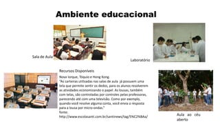 Ambiente educacional
Sala de Aula
Laboratório
Aula ao céu
aberto
Recursos Disponíveis
Nova Iorque, Tóquio e Hong Kong.
“As carteiras utilizadas nas salas de aula já possuem uma
tela que permite sentir os dedos, para os alunos resolverem
as atividades economizando o papel. As lousas, também
com telas, são controladas por controles pelas professoras,
parecendo até com uma televisão. Como por exemplo,
quando você resolve alguma conta, você envia a resposta
para a lousa por micro-ondas.”
fonte:
http://www.escolasanti.com.br/santinews/tag/5%C2%BAa/
 
