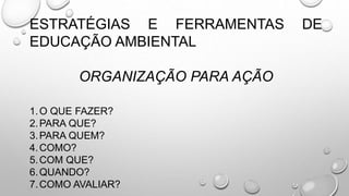 ESTRATÉGIAS E FERRAMENTAS DE
EDUCAÇÃO AMBIENTAL
ORGANIZAÇÃO PARA AÇÃO
1.O QUE FAZER?
2.PARA QUE?
3.PARA QUEM?
4.COMO?
5.COM QUE?
6.QUANDO?
7.COMO AVALIAR?
 