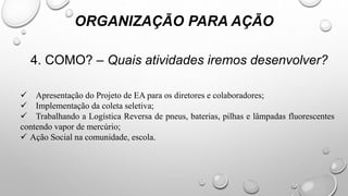 4. COMO? – Quais atividades iremos desenvolver?
ORGANIZAÇÃO PARA AÇÃO
 Apresentação do Projeto de EA para os diretores e colaboradores;
 Implementação da coleta seletiva;
 Trabalhando a Logística Reversa de pneus, baterias, pilhas e lâmpadas fluorescentes
contendo vapor de mercúrio;
 Ação Social na comunidade, escola.
 