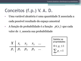Variáveis aleatórias e distribuição de probabilidades




Conceitos (f.p.) V. A. D.
•   Uma variável aleatória é uma quantidade X associada a
    cada possível resultado do espaço amostral
•   A função de probabilidade é a função p ( xi ) que cada
    valor de   xi associa sua probabilidade
 