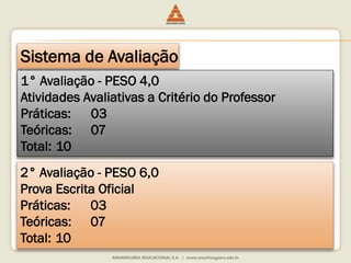Sistema de Avaliação 
1° Avaliação - PESO 4,0 
Atividades Avaliativas a Critério do Professor 
Práticas: 03 
Teóricas: 07 
Total: 10 
2° Avaliação - PESO 6,0 
Prova Escrita Oficial 
Práticas: 03 
Teóricas: 07 
Total: 10 
 