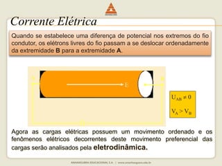 Corrente Elétrica 
Quando se estabelece uma diferença de potencial nos extremos do fio 
condutor, os elétrons livres do fio passam a se deslocar ordenadamente 
da extremidade B para a extremidade A. 
A B 
UAB  0 
VA > VB 
E 
Agora as cargas elétricas possuem um movimento ordenado e os 
fenômenos elétricos decorrentes deste movimento preferencial das 
cargas serão analisados pela eletrodinâmica. 
 