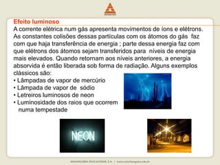 Efeito luminoso 
A corrente elétrica num gás apresenta movimentos de íons e elétrons. 
As constantes colisões dessas partículas com os átomos do gás faz 
com que haja transferência de energia ; parte dessa energia faz com 
que elétrons dos átomos sejam transferidos para níveis de energia 
mais elevados. Quando retornam aos níveis anteriores, a energia 
absorvida é então liberada sob forma de radiação. Alguns exemplos 
clássicos são: 
• Lâmpadas de vapor de mercúrio 
• Lâmpada de vapor de sódio 
• Letreiros luminosos de neon 
• Luminosidade dos raios que ocorrem 
numa tempestade 
 