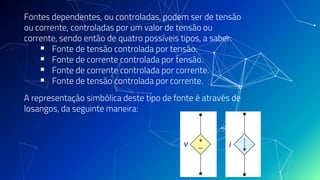 Fontes dependentes, ou controladas, podem ser de tensão
ou corrente, controladas por um valor de tensão ou
corrente, sendo então de quatro possíveis tipos, a saber:
▪ Fonte de tensão controlada por tensão.
▪ Fonte de corrente controlada por tensão.
▪ Fonte de corrente controlada por corrente.
▪ Fonte de tensão controlada por corrente.
A representação simbólica deste tipo de fonte é através de
losangos, da seguinte maneira:
 