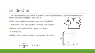 Lei de Ohm
 um fio condutor é ligado entre os terminais de um gerador ideal, que mantém entre seus
terminais uma diferença de potencial V.
O fio é percorrido por uma corrente de intensidade i
 A corrente sai do polo positivo e indo ao polo negativo
Quanto maior a resistência, menor a corrente.
R é constante.
Gráfico linear sendo que tag α representa o valor de R.
𝐼 =
𝑉
𝑅
𝑜𝑢 𝑉 = 𝑅. 𝐼
 
