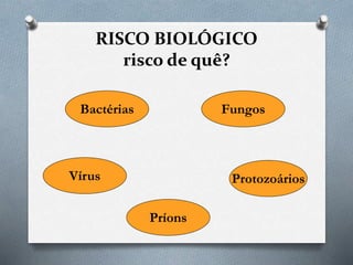 RISCO BIOLÓGICO
risco de quê?
Bactérias
Vírus
Fungos
Príons
Protozoários
 