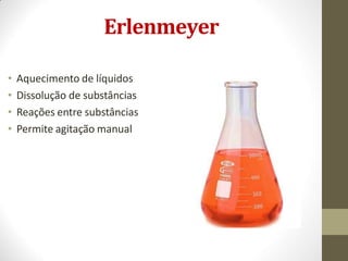 Erlenmeyer
• Aquecimento de líquidos
• Dissolução de substâncias
• Reações entre substâncias
• Permite agitação manual
 