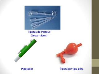 Pipetador Pipetador tipo pêra
Pipetas de Pasteur
(descartáveis)
 