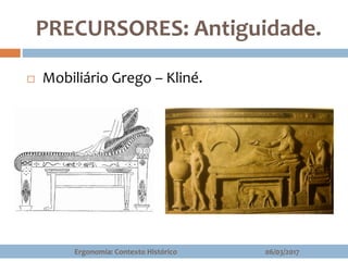 PRECURSORES: Antiguidade.
 Mobiliário Grego – Kliné.
06/03/2017Ergonomia: Contexto Histórico
 