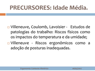 PRECURSORES: Idade Média.
 Villeneuve, Coulomb, Lavoisier - Estudos de
patologias do trabalho: Riscos físicos como
os impactos do temperatura e da umidade;
 Villeneuve - Riscos ergonômicos como a
adoção de posturas inadequadas.
06/03/2017Ergonomia: Contexto Histórico
 