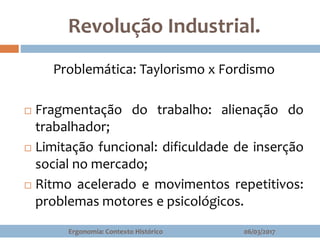 Revolução Industrial.
Problemática: Taylorismo x Fordismo
 Fragmentação do trabalho: alienação do
trabalhador;
 Limitação funcional: dificuldade de inserção
social no mercado;
 Ritmo acelerado e movimentos repetitivos:
problemas motores e psicológicos.
06/03/2017Ergonomia: Contexto Histórico
 