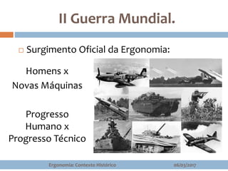 II Guerra Mundial.
06/03/2017Ergonomia: Contexto Histórico
 Surgimento Oficial da Ergonomia:
Homens x
Novas Máquinas
Progresso
Humano x
Progresso Técnico
 