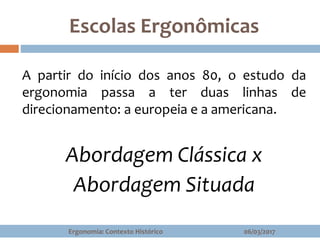 Escolas Ergonômicas
06/03/2017Ergonomia: Contexto Histórico
A partir do início dos anos 80, o estudo da
ergonomia passa a ter duas linhas de
direcionamento: a europeia e a americana.
Abordagem Clássica x
Abordagem Situada
 