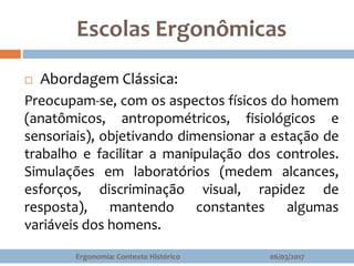 Escolas Ergonômicas
06/03/2017Ergonomia: Contexto Histórico
 Abordagem Clássica:
Preocupam-se, com os aspectos físicos do homem
(anatômicos, antropométricos, fisiológicos e
sensoriais), objetivando dimensionar a estação de
trabalho e facilitar a manipulação dos controles.
Simulações em laboratórios (medem alcances,
esforços, discriminação visual, rapidez de
resposta), mantendo constantes algumas
variáveis dos homens.
 