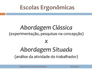 Escolas Ergonômicas
06/03/2017Ergonomia: Contexto Histórico
Abordagem Clássica
(experimentação, pesquisas na concepção)
x
Abordagem Situada
(análise da atividade do trabalhador)
 