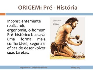Inconscientemente
realizando
ergonomia, o homem
Pré- histórico buscava
uma forma mais
confortável, segura e
eficaz de desenvolver
suas tarefas.
ORIGEM: Pré - História
06/03/2017Ergonomia: Contexto Histórico
 