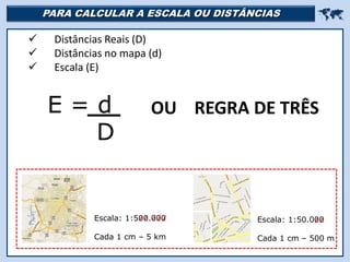 PARA CALCULAR A ESCALA OU DISTÂNCIAS 
 Distâncias Reais (D)
 Distâncias no mapa (d)
 Escala (E)
E = d
D
OU REGRA DE TRÊS
Escala: 1:500.000
Cada 1 cm – 5 km
Escala: 1:50.000
Cada 1 cm – 500 m
 