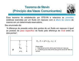 TeoremadeStevin
(Princípio dosVasos Comunicantes)
Esse teorema foi estabelecido por STEVIN e relaciona as pressões
estáticas exercidas por um fluido em repouso com a altura da coluna do
mesmo em um determinado reservatório.
Seu enunciado diz:
“A diferença de pressão entre dois pontos de um fluido em repouso é igual
ao produto do peso específico do fluido pela diferença de nível entre os
dois pontos”.
 